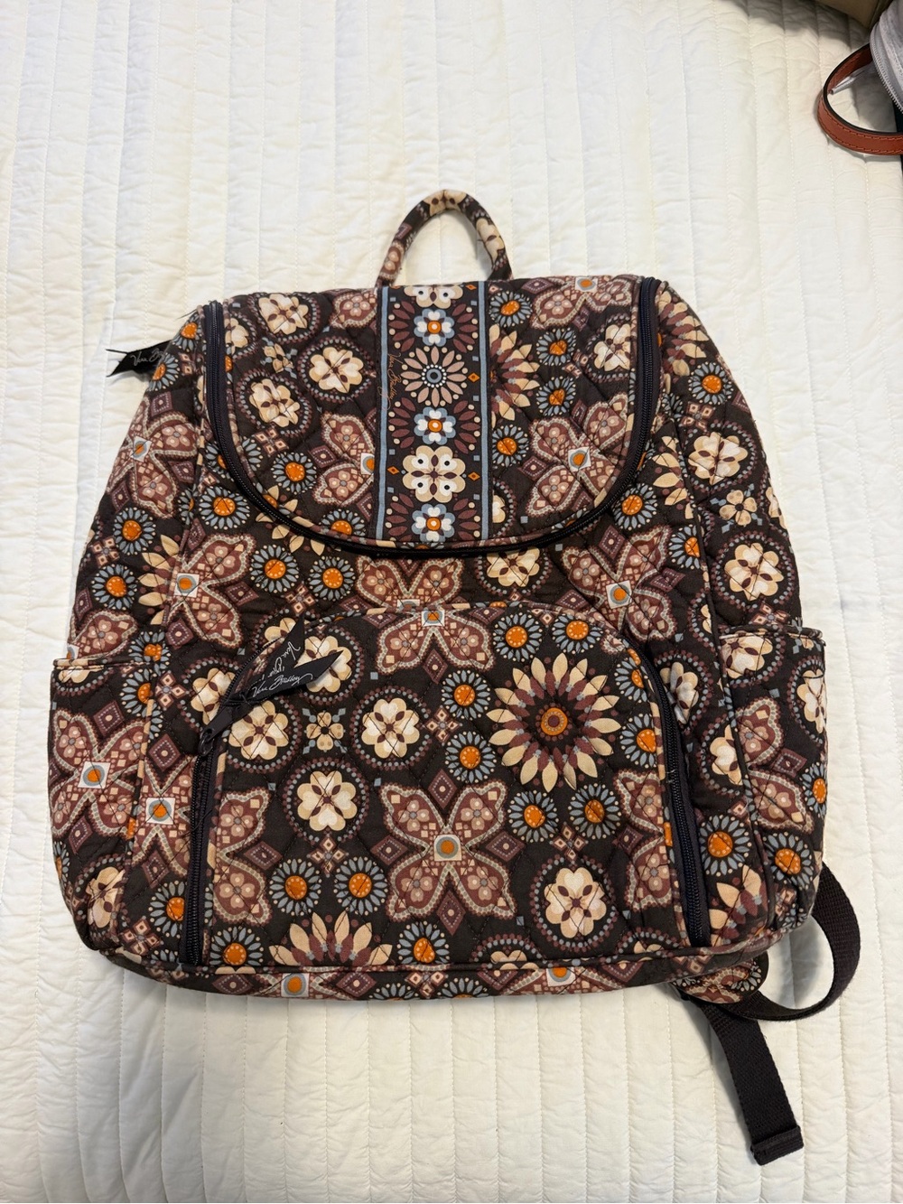 Vera Bradley Brown Floral Quilted Backpack with Orange Accents